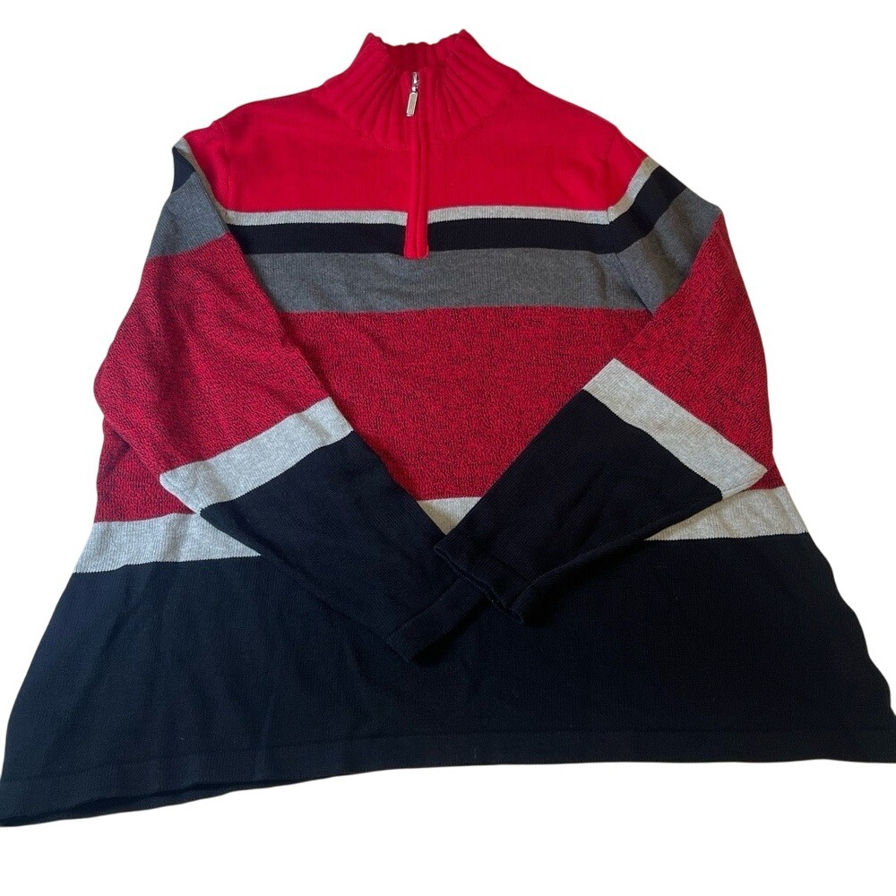 Karen Scott Sweater Womens 3X‎ Red Black Grey Striped Quarter-Zip Cotton Cozy
